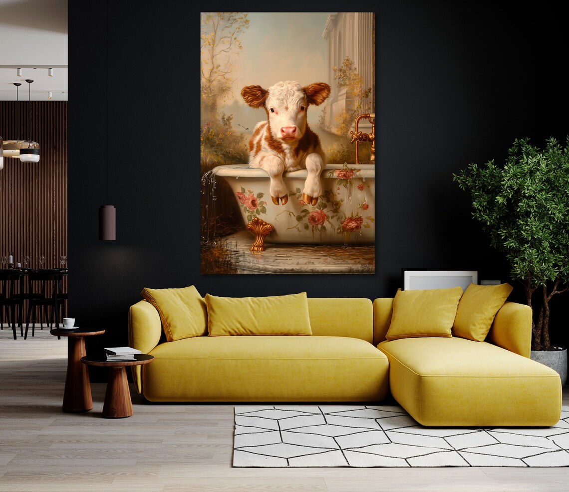 Whimsical Calf In A Floral Bathtub Vintage Style Art Print - Image 2
