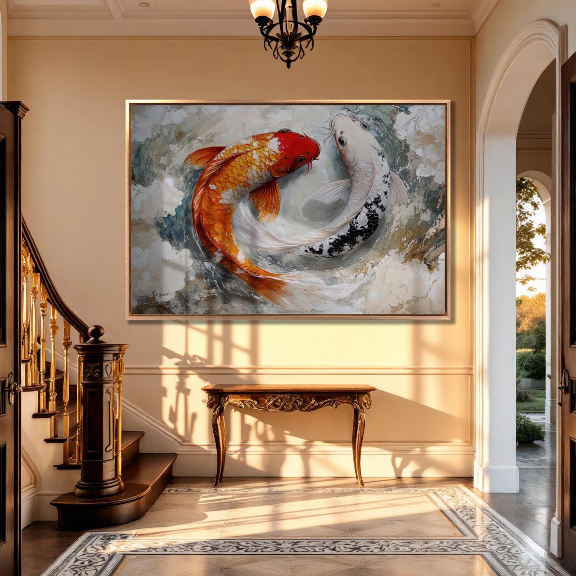 Yin Yang Koi Fish Pair Orange White Asian Inspired Pond Art Poster - Image 3