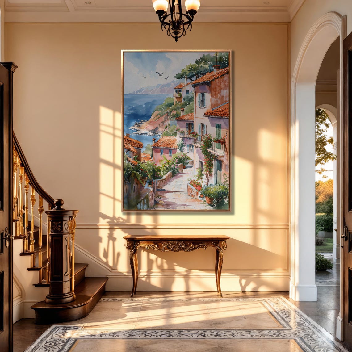 Mediterranean Seaside Village Watercolor With Terracotta Roofs Poster - Image 4