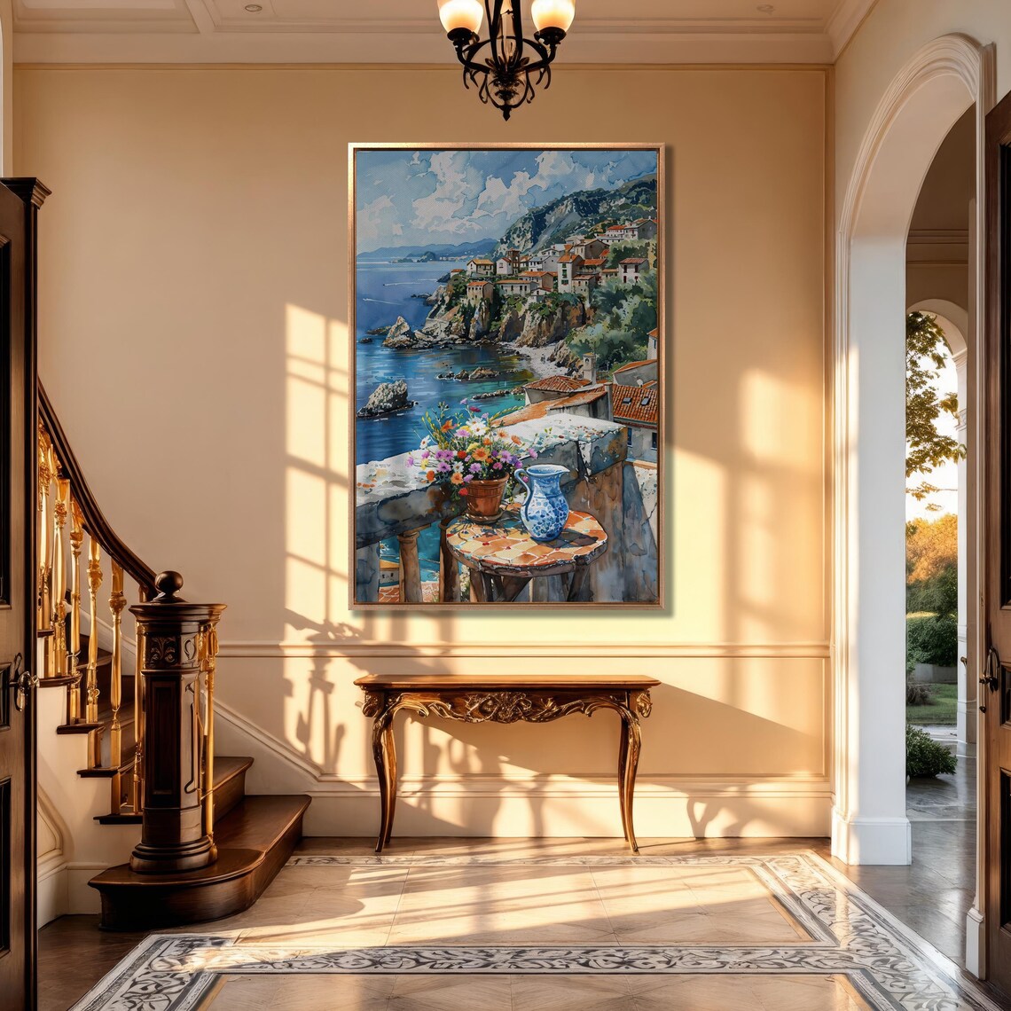 Coastal Village Watercolor Art Print, Mediterranean View - Image 2