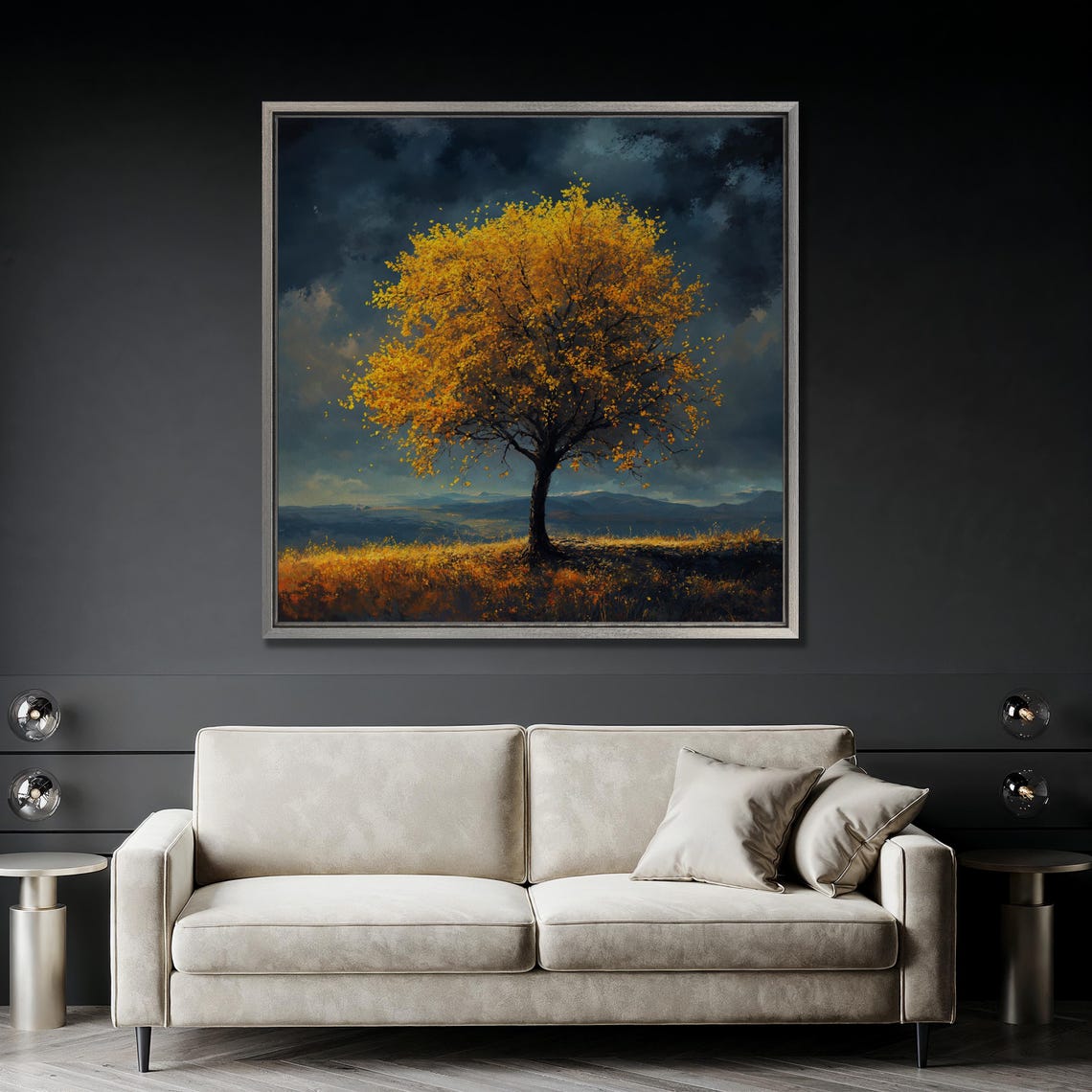 Yellow Tree Under a Dramatic Stormy Sky in a Meadow Landscape Poster - Image 3