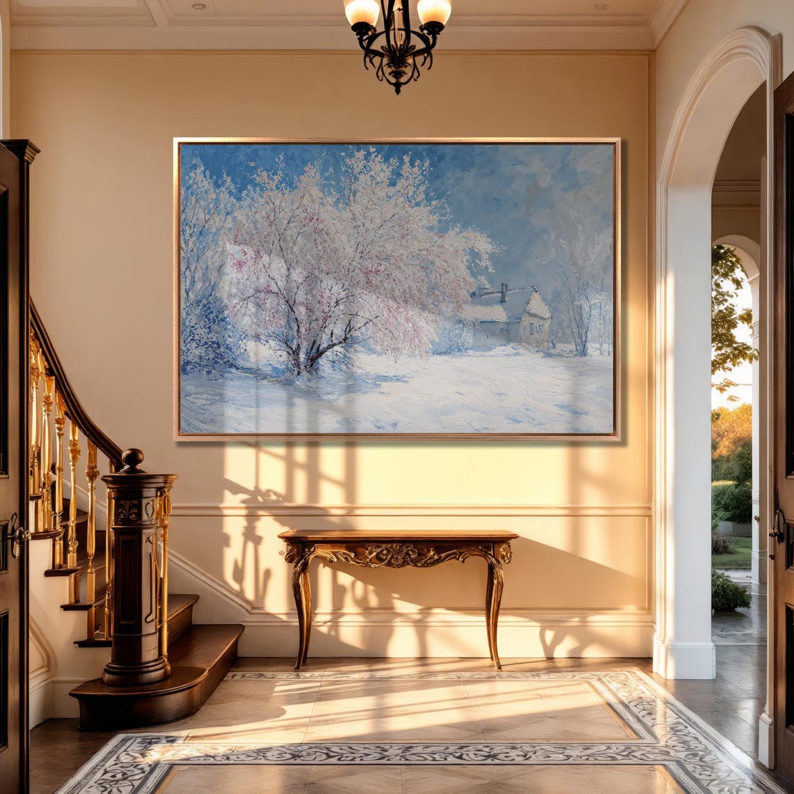 Snow Covered Cottage with Frosted Tree Winter Painting Poster - Image 5