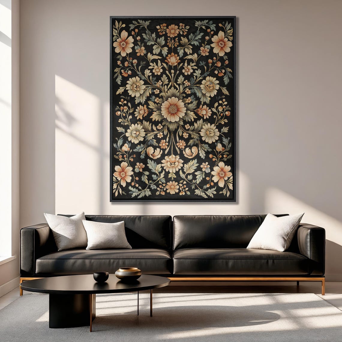Elegant Vintage Floral Damask Pattern in Cream on Black Print - Image 6