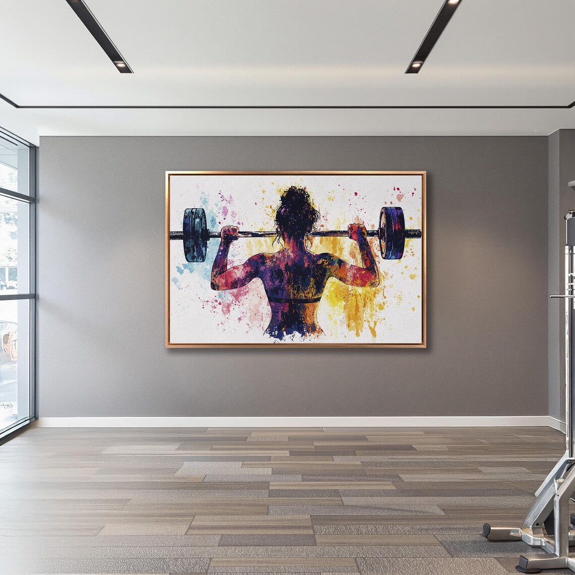 Woman Lifting Barbell Overhead Colorful Watercolor Fitness Art Poster - Image 3