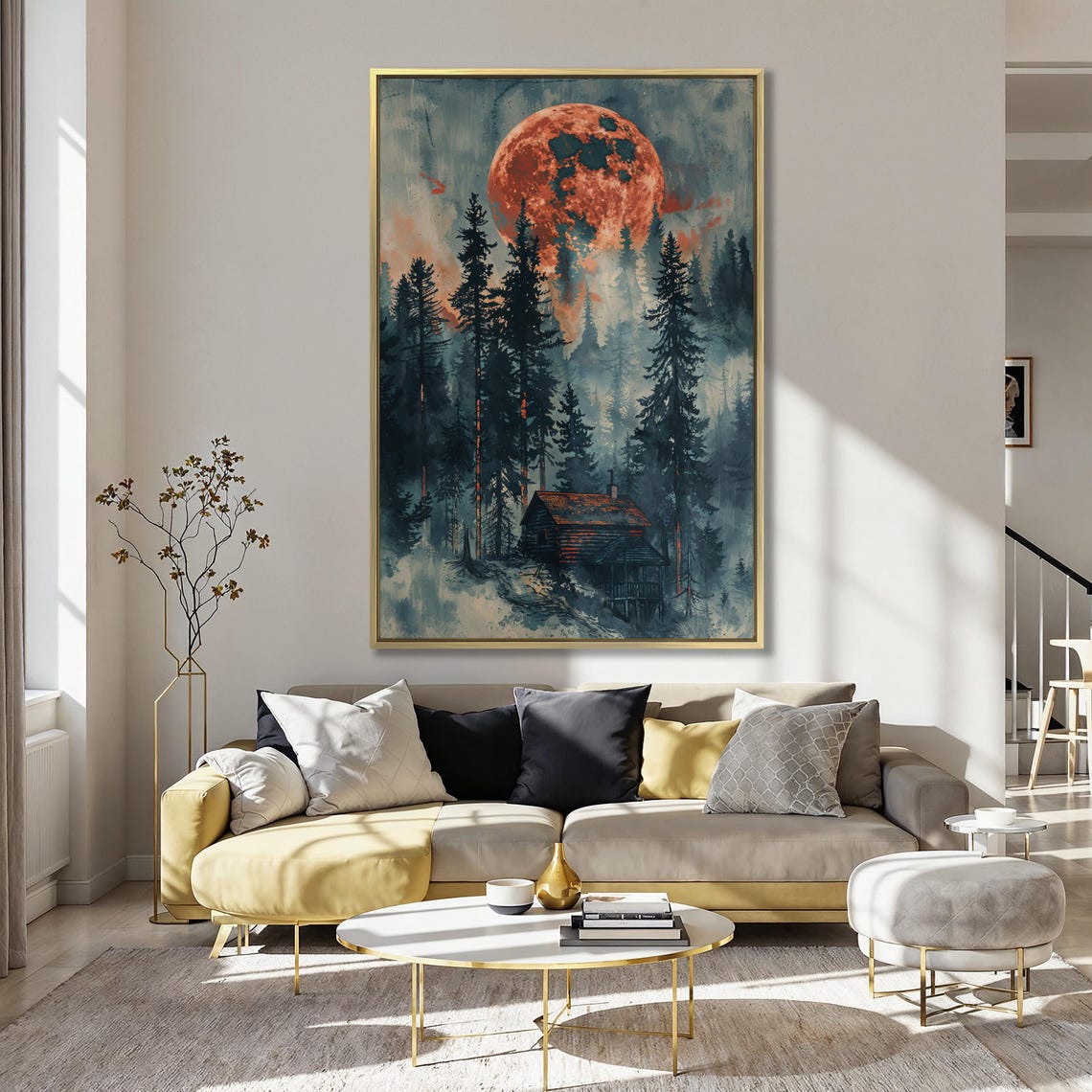 Crimson Moon Over Misty Forest And Lonely Cabin Painting Poster - Image 5