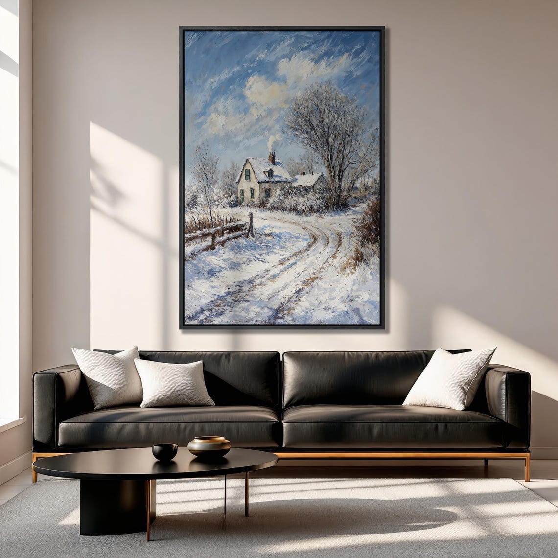Snowy Country Road to White Cottage in Blue Winter Sky Poster - Image 6