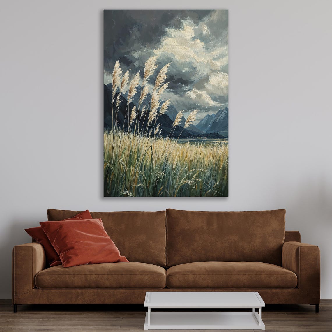 Tall Pampas Grass Swaying Before a Stormy Mountain Sky Poster - Image 4