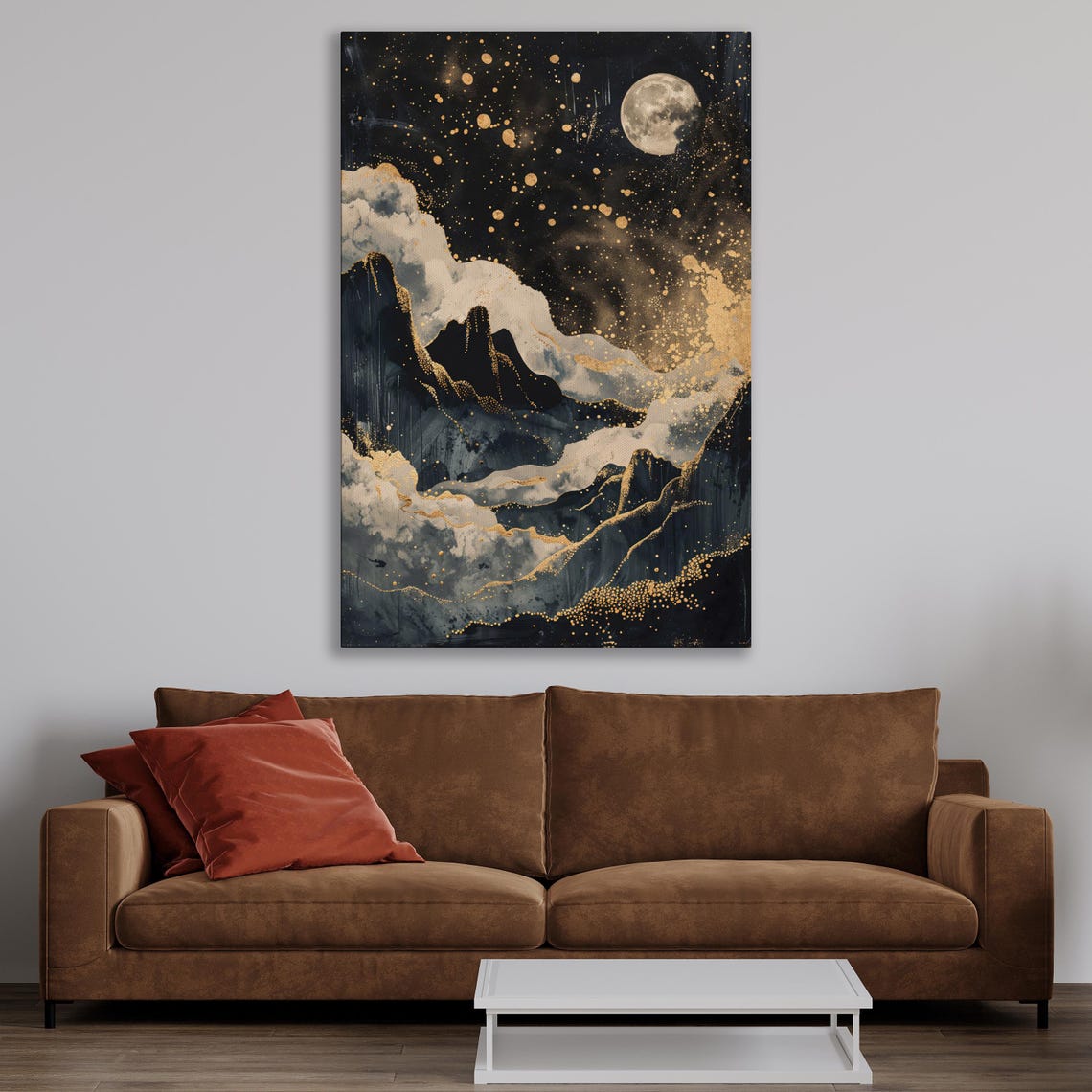 Golden Moon Over Mountains Wall Art Abstract Celestial Painting Print Lunar Night Sky Wall Decor Modern Artwork Poster Ready To Hang - Image 2