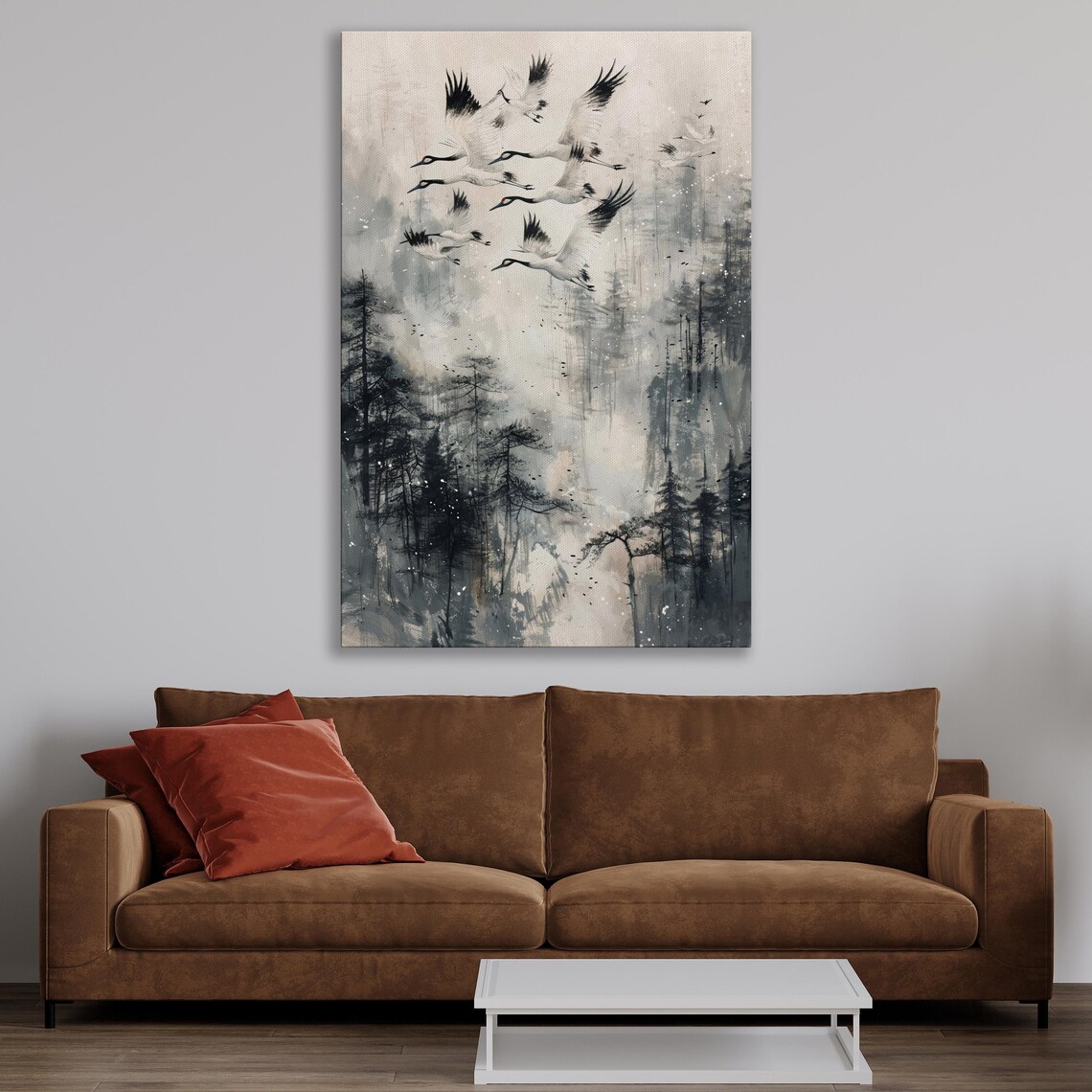 Flock Of Soaring Cranes, Foggy Forest Painting Print - Image 2