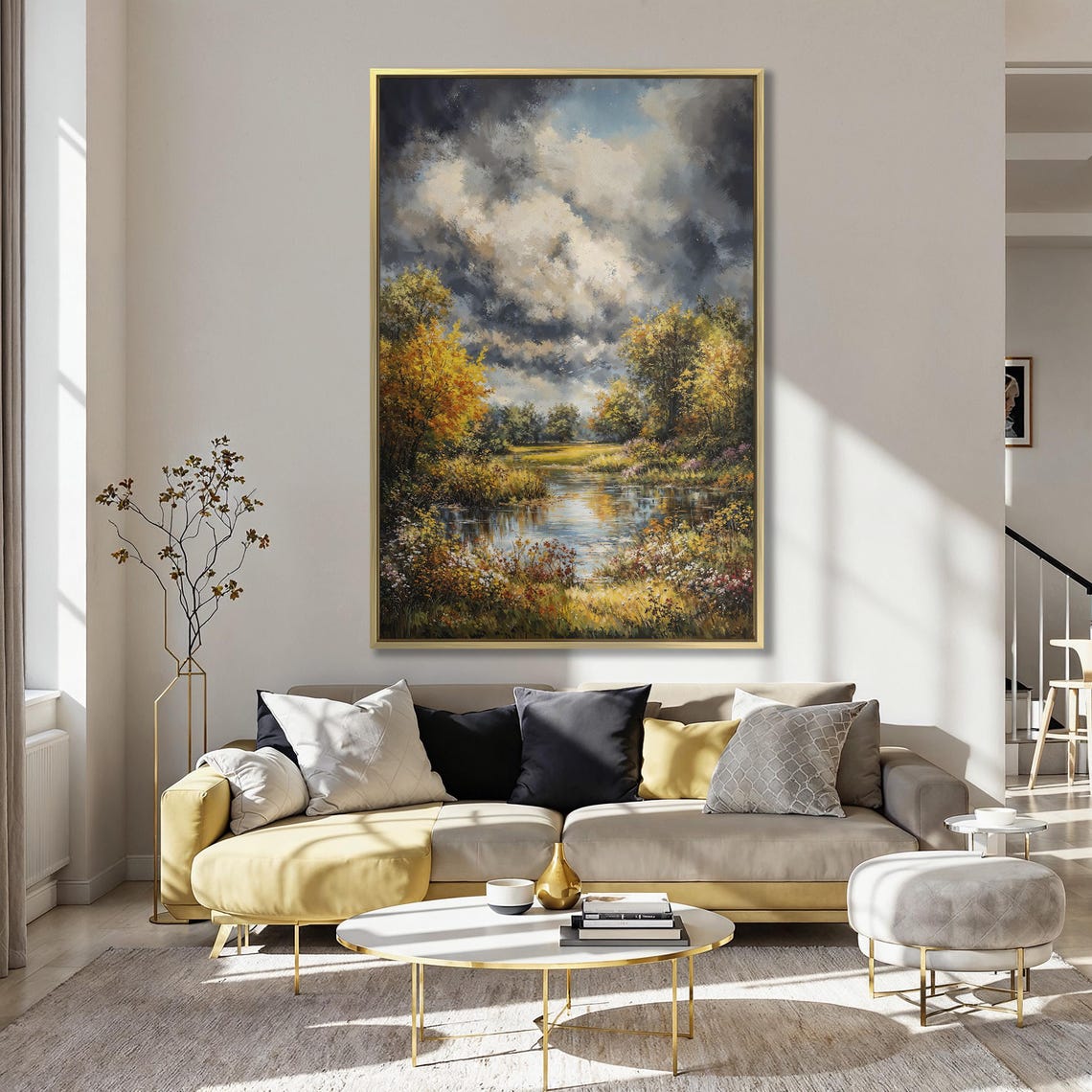 Golden Autumn Forest Pond With Wildflowers Under Stormy Sky Poster - Image 5