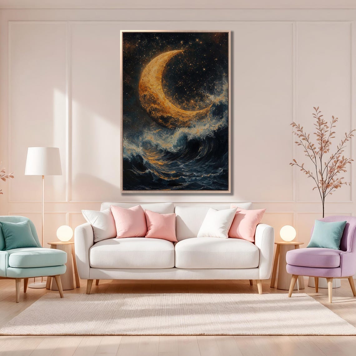 Golden Crescent Moon Over Dark Night Ocean Waves Seascape Poster - Image 2