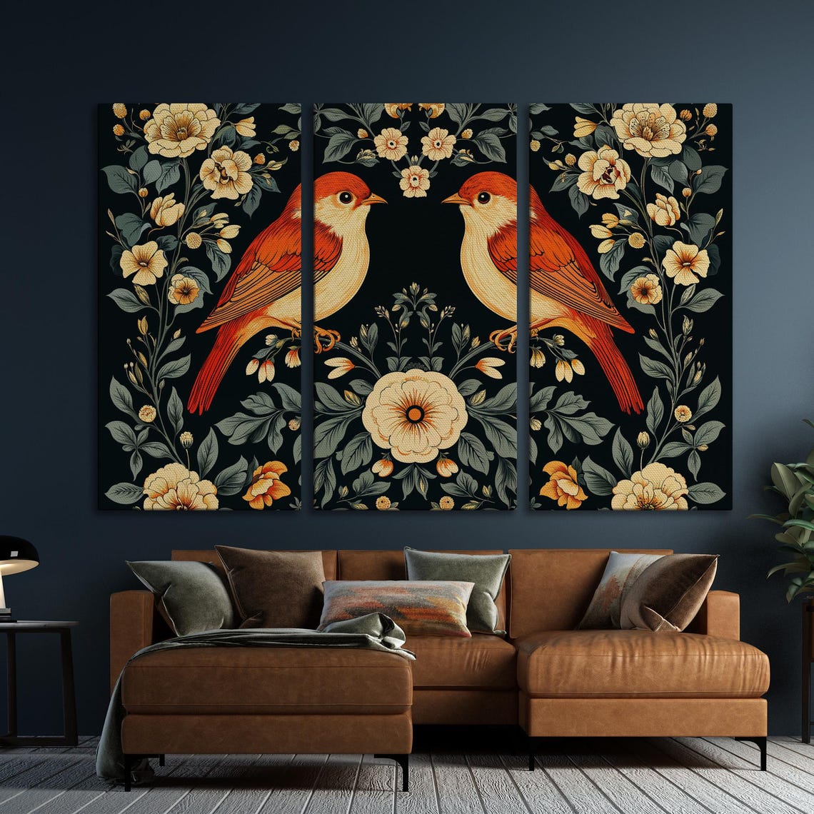 Pair of Red Songbirds in Vintage Botanical Art on Black Poster - Image 6