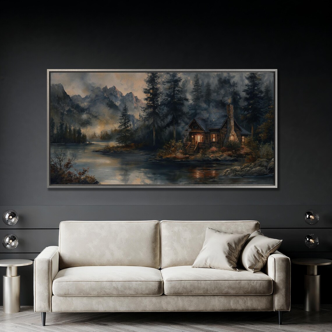 Rustic Riverside Cabin, Misty Mountains Pine Forest Art Print - Image 2