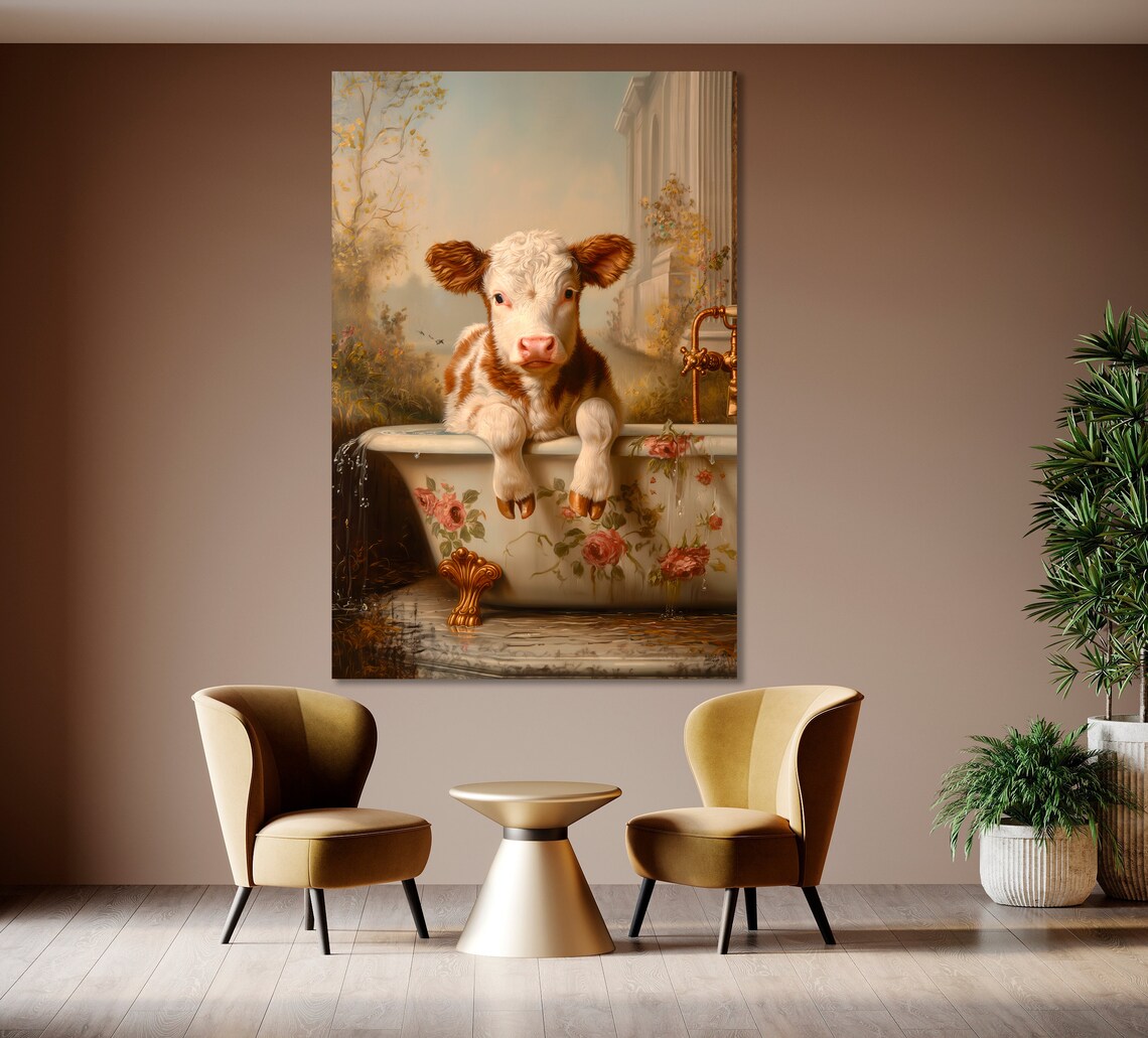 Whimsical Calf In A Floral Bathtub Vintage Style Art Print - Image 4