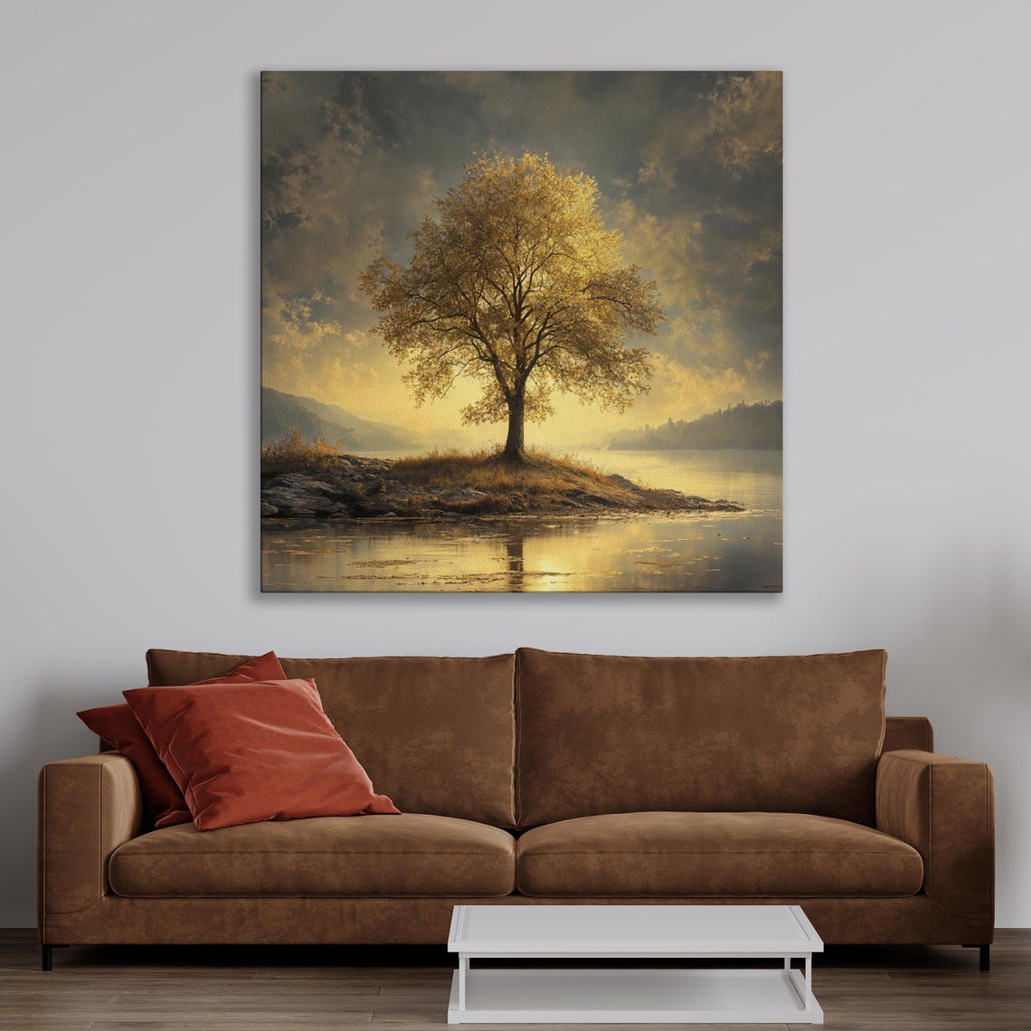 Sunlit Golden Tree by a Lake Under a Dramatic Sunset Wall Art - Image 2
