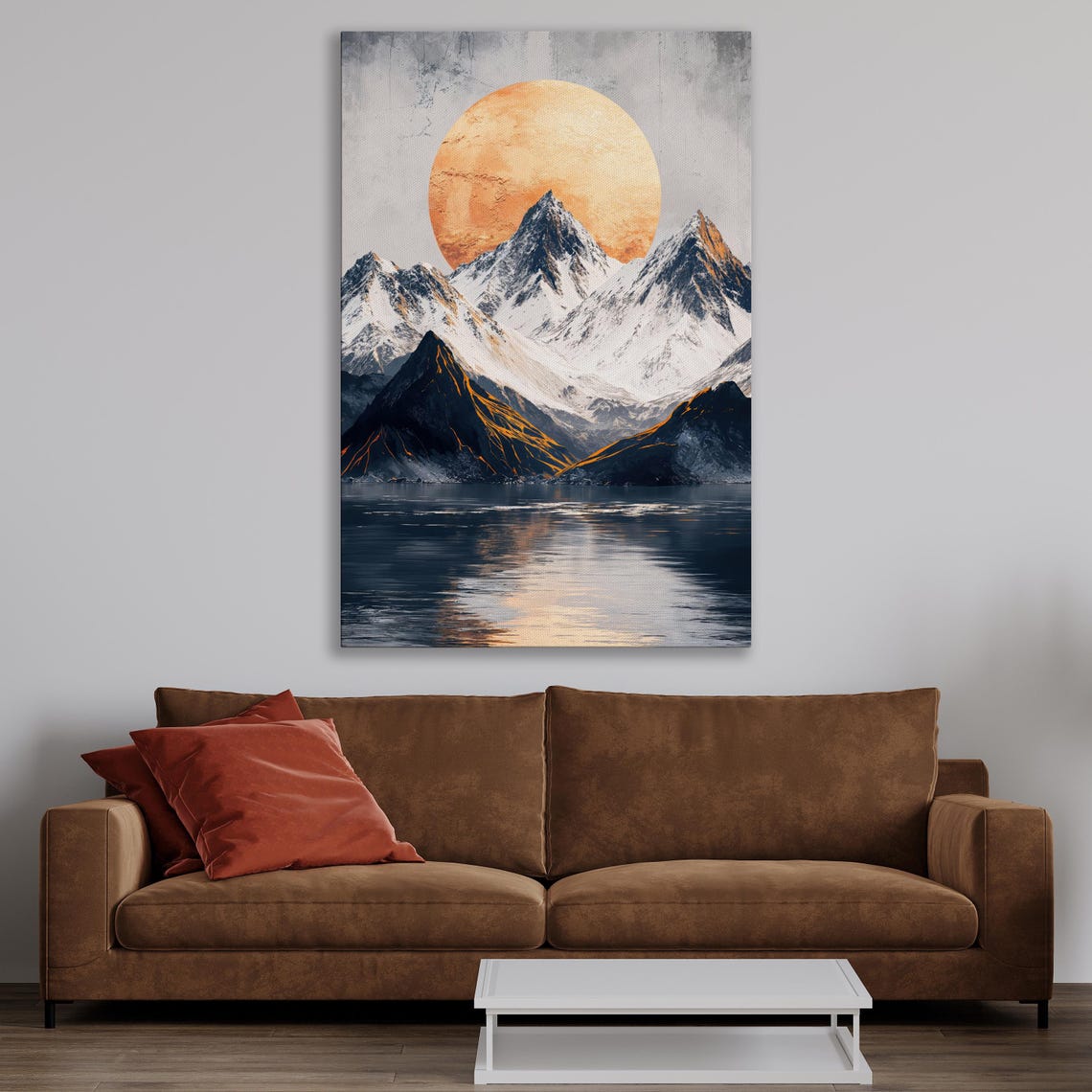 Snow Capped Mountains Peaks And Sun Wall Art Surreal Landscape Painting Print Nature Wall Decor Mountain Lake Poster Ready To Hang - Image 2