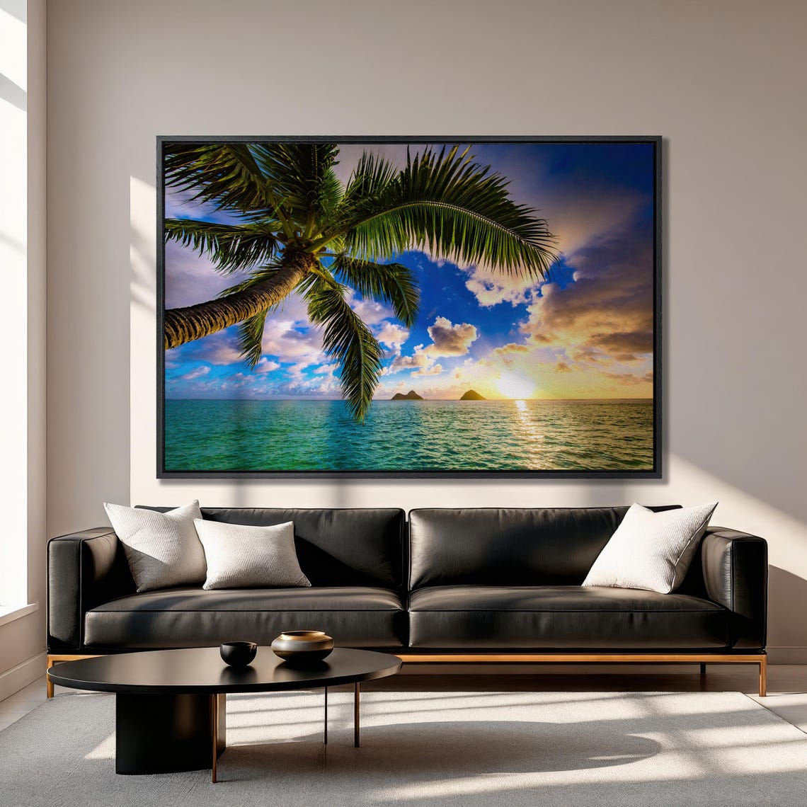 Palm Tree Over Turquoise Ocean At Sunrise Tropical Island Art Poster - Image 3
