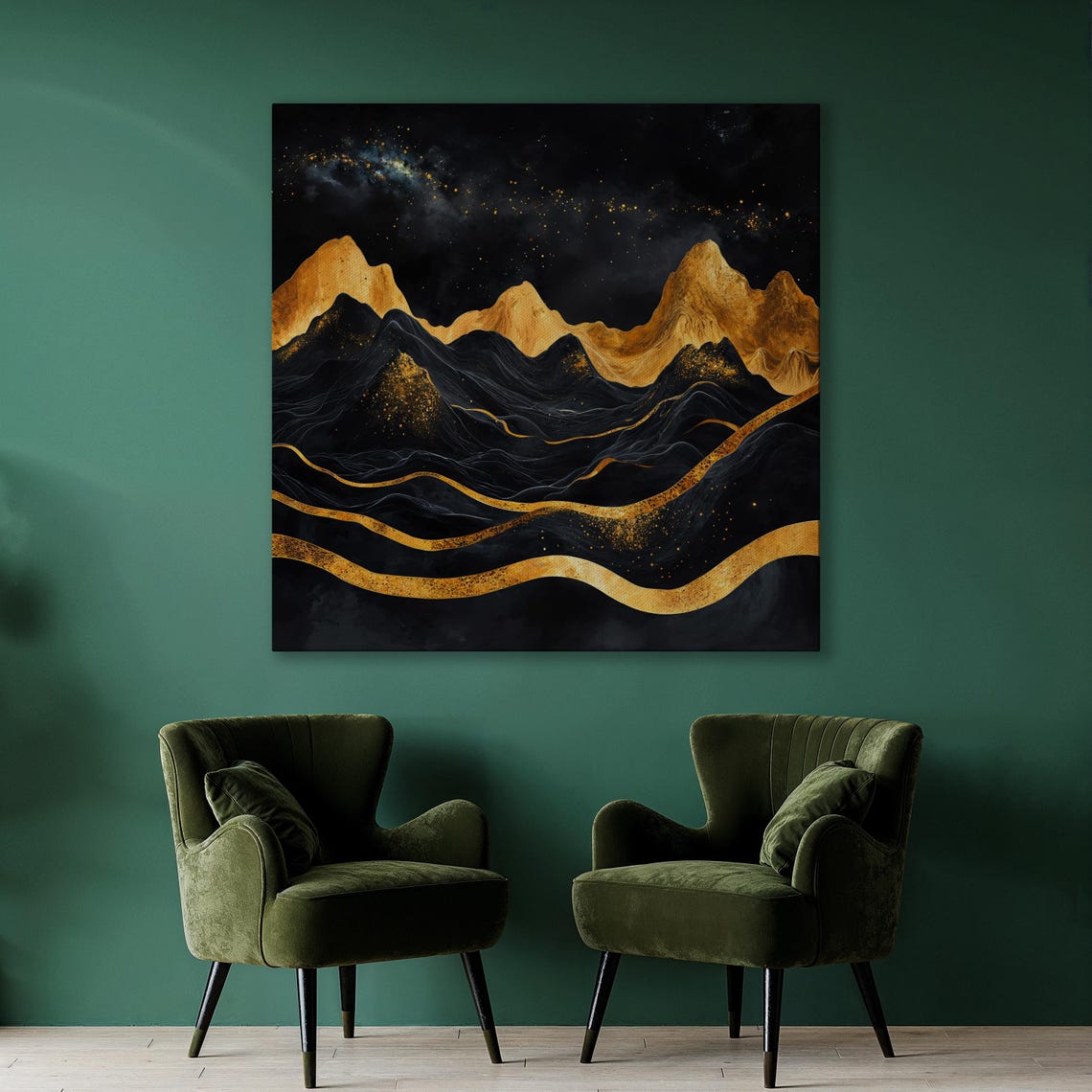 Black and Gold Mountain Peaks Under a Starry Night Sky Poster - Image 2