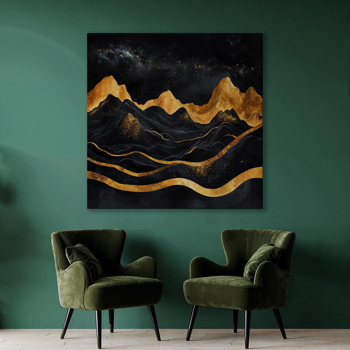 Black And Gold Mountains Wall Art Abstract Night Landscape Print Luxury Wall Decor Mountain Poster Starry Sky Artwork Ready To Hang - Image 2