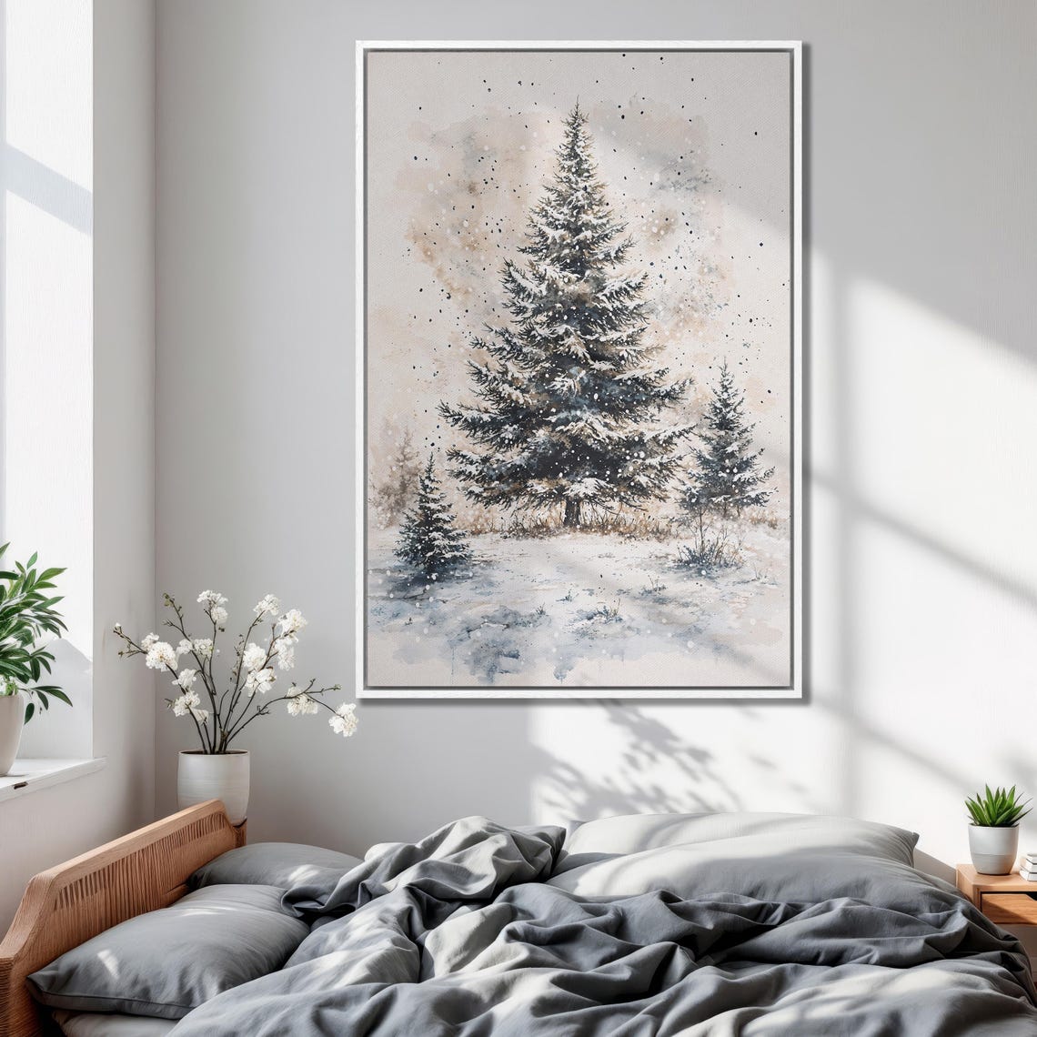 Snow Laden Pine Tree Watercolor Scene in Falling Snow Art Poster - Image 2