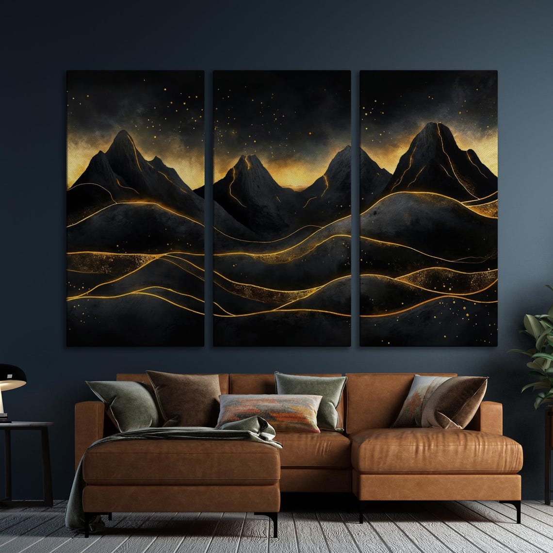 Dramatic Black Mountains With Golden Lines Under Night Sky Poster - Image 5