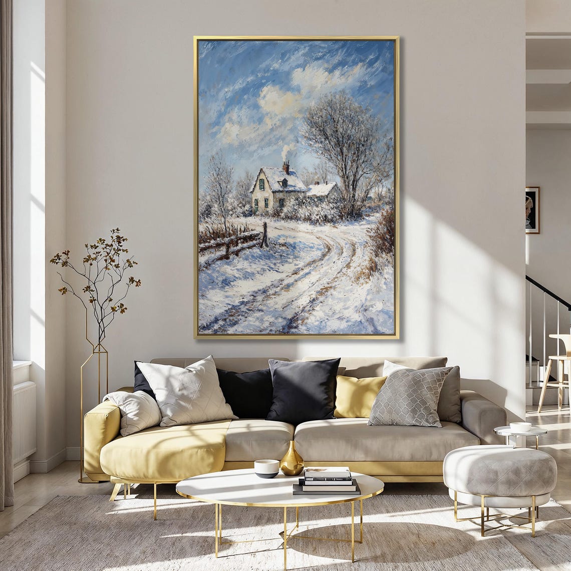 Snowy Country Road to White Cottage in Blue Winter Sky Poster - Image 5