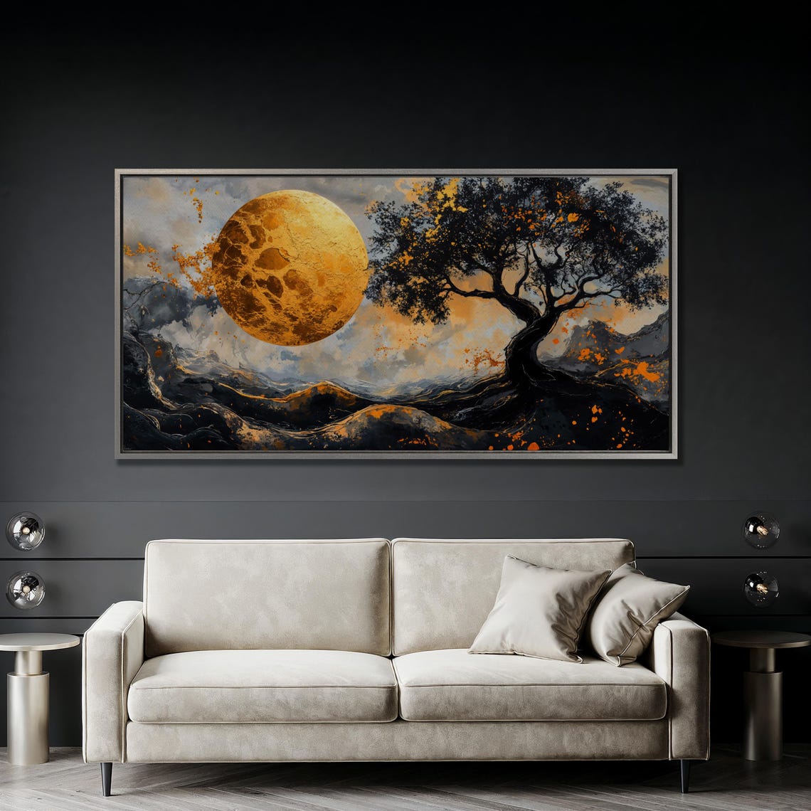 Golden Moon Rising Over A Dark Tree And Wild Waves Surreal Poster - Image 2