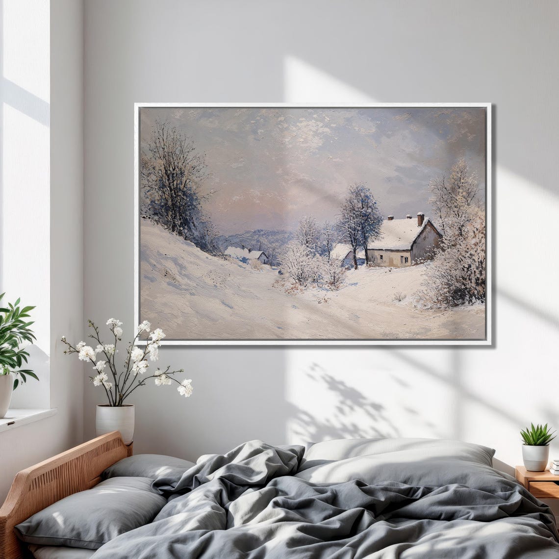Winter Cabin In Snowy Forest Framed Print Extra Large Rustic Village Wall Art Nature Landscape Painting Print Ready To Hang - Image 2