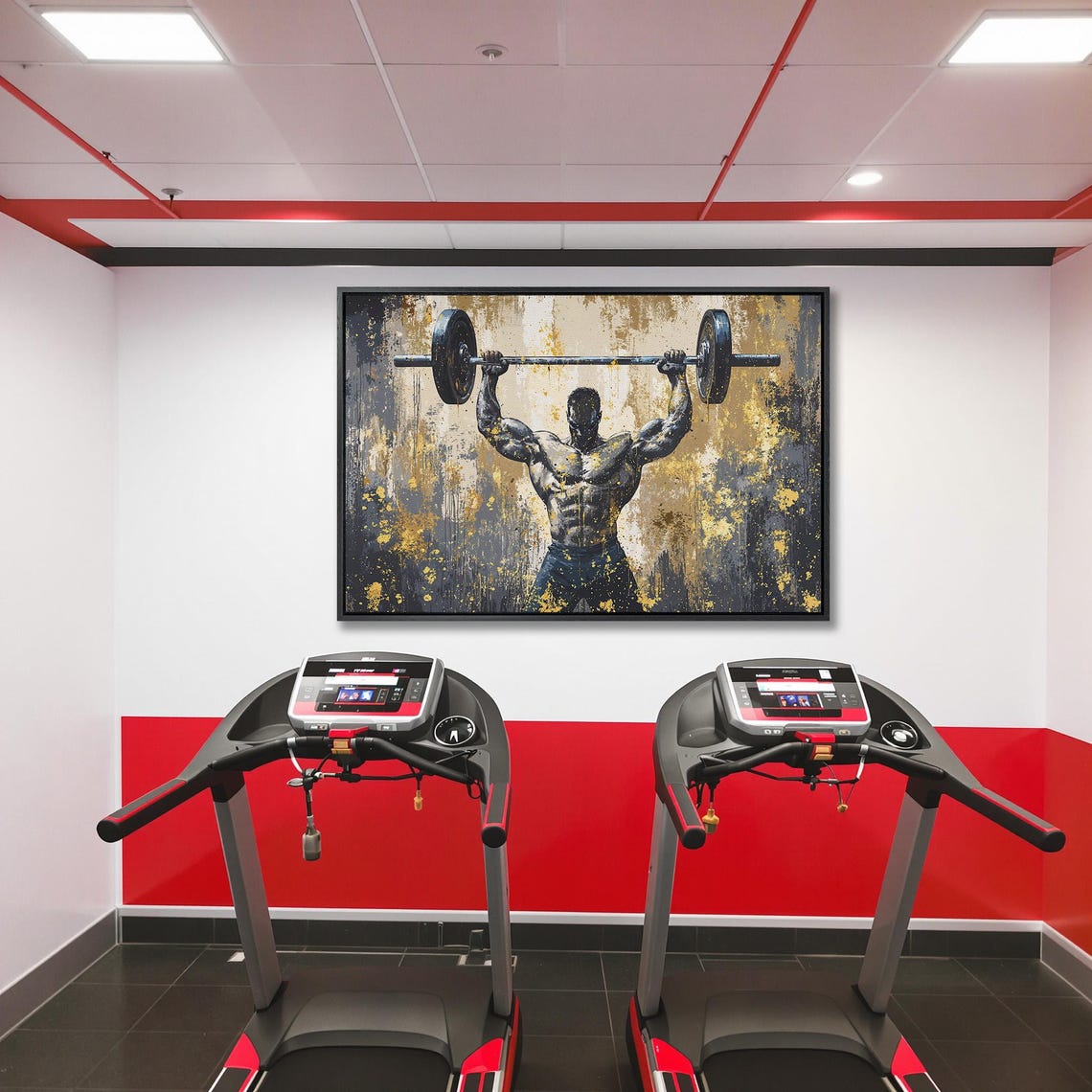 Bodybuilder Overhead Press in Gold and Charcoal Paint Style Poster - Image 5