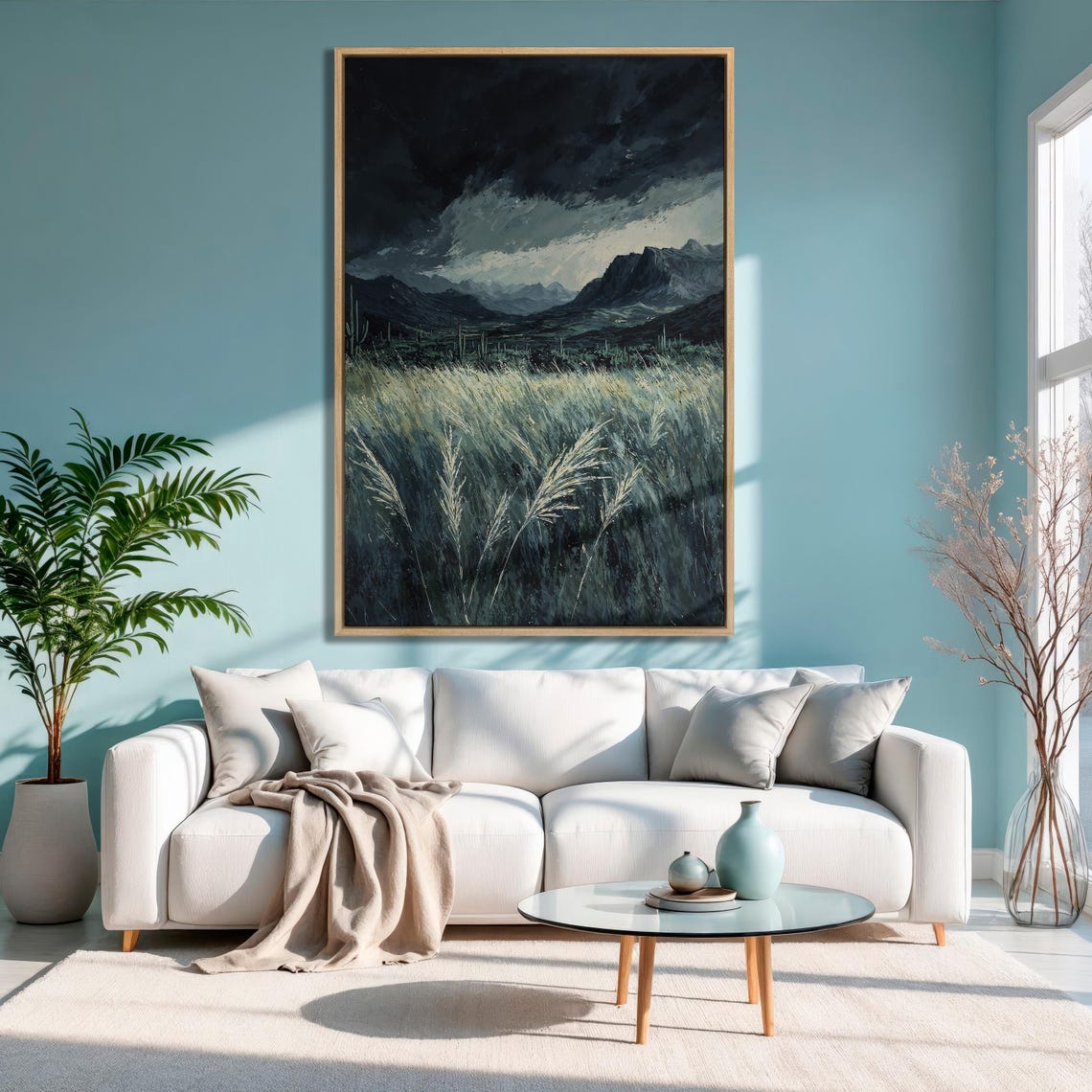 Stormy Dark Clouds Over Desert Mountains and Wild Grass Poster - Image 3