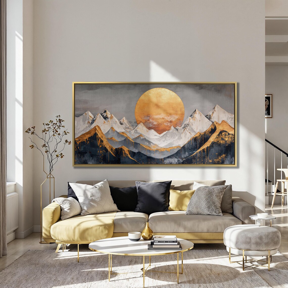 Golden Sun Over Mountains Wall Art Mountain Landscape Painting Print Modern Luxury Wall Decor Abstract Nature Poster Ready To Hang - Image 4