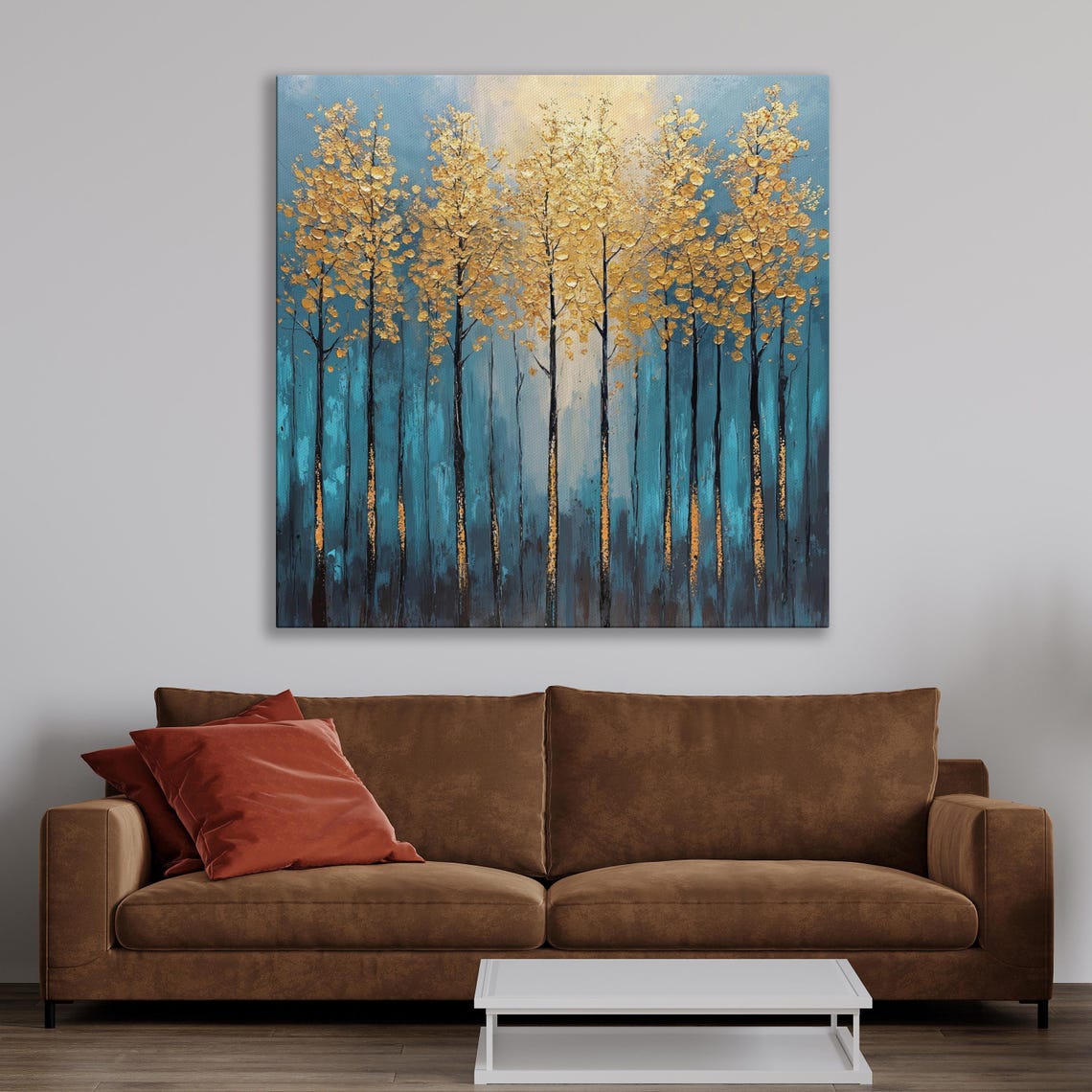 Abstract Gold Trees Against a Teal Blue Forest Landscape Wall Art - Image 2