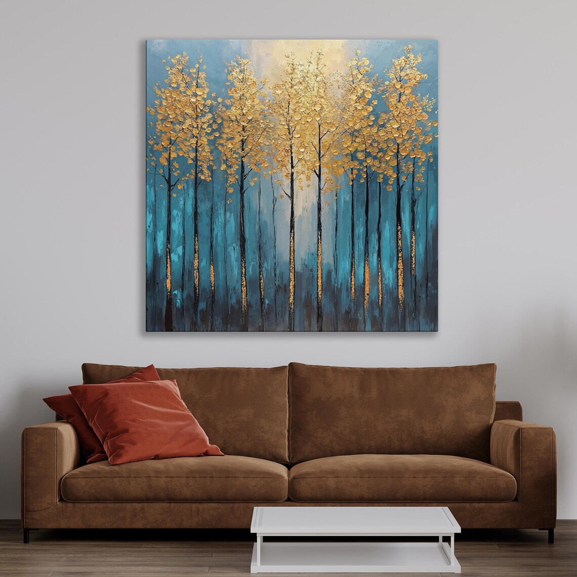 Abstract Trees With Golden Leaves Wall Art Modern Forest Landscape Painting Print Luxury Decor Blue And Gold Art Poster Ready To Hang - Image 2