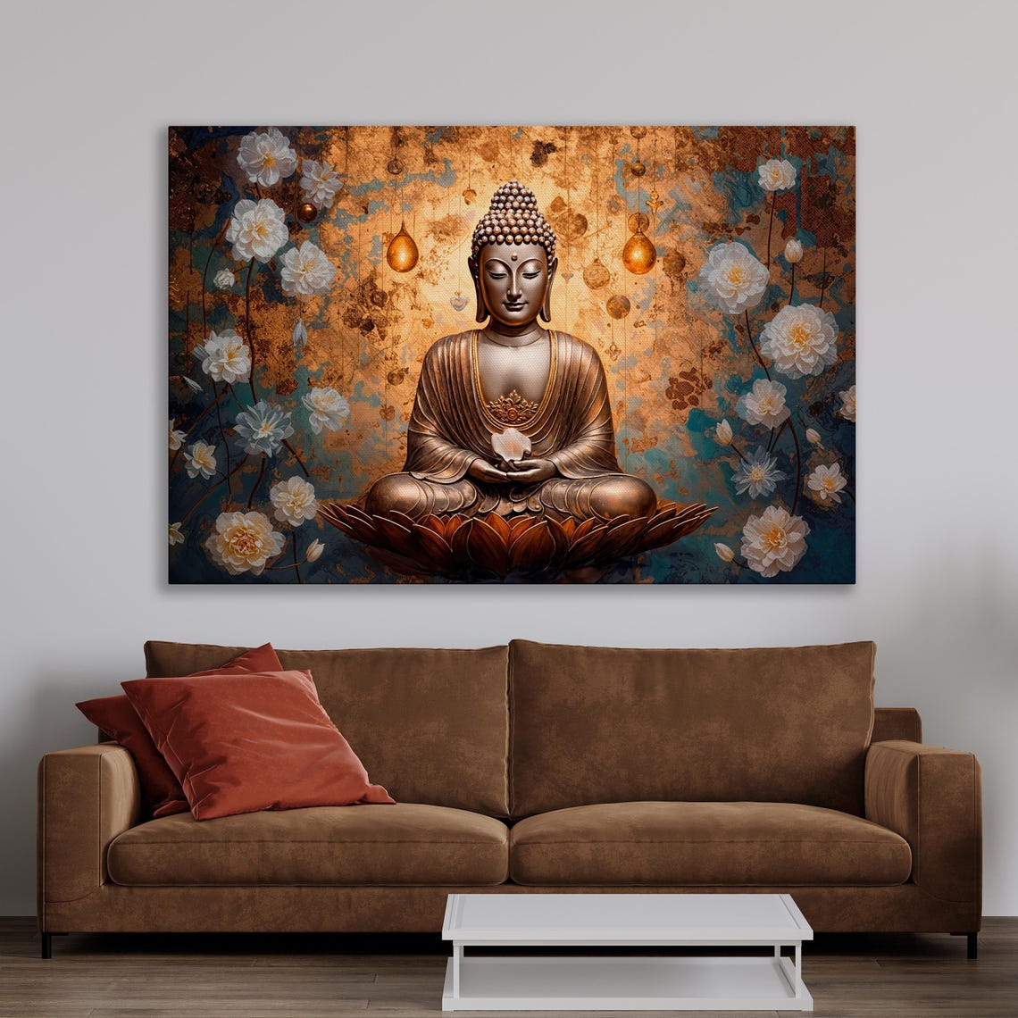 Bronze Buddha Meditating on Lotus Among White Flowers Poster - Image 3