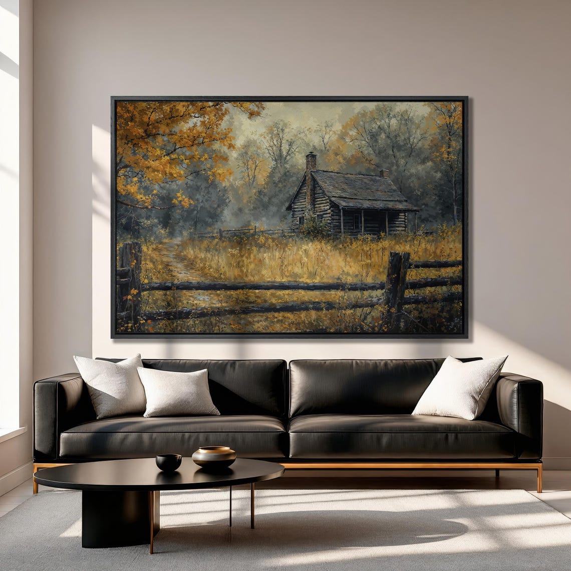 Log Cabin in Golden Autumn Forest with Split Rail Fence Poster - Image 3