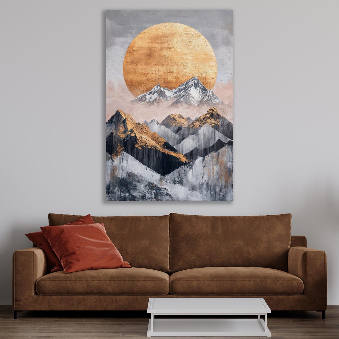Giant Copper Sun Over Layered Snowy Mountain Ranges View Poster - Image 3