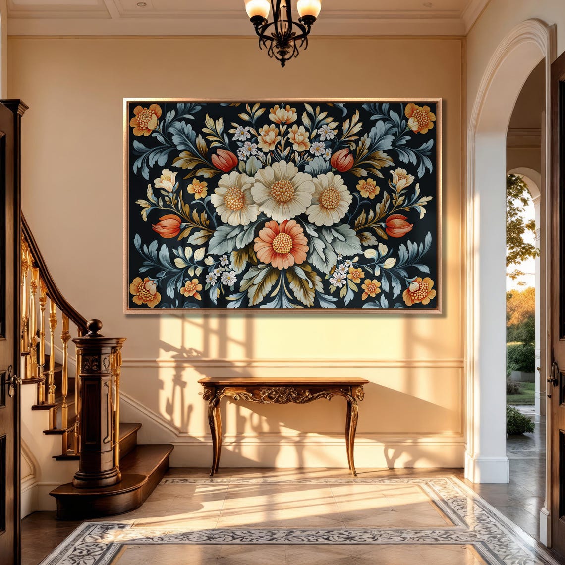 Dark Botanical Bouquet with Cream Blooms and Orange Tulips Poster - Image 5
