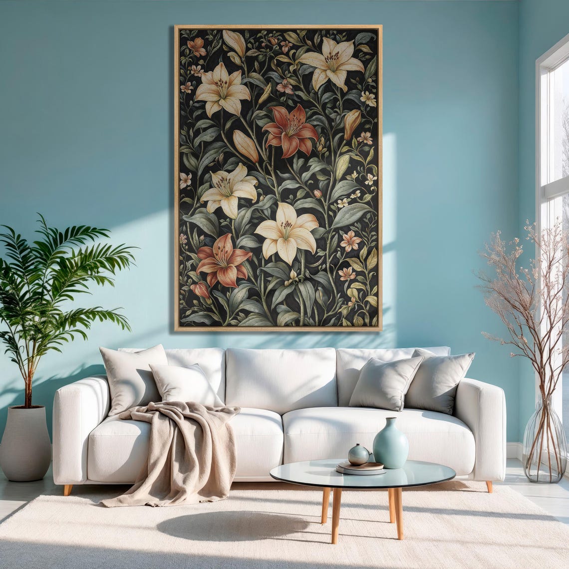 Cream White Lily Stems Climbing Dark Black Botanical Art Print - Image 3