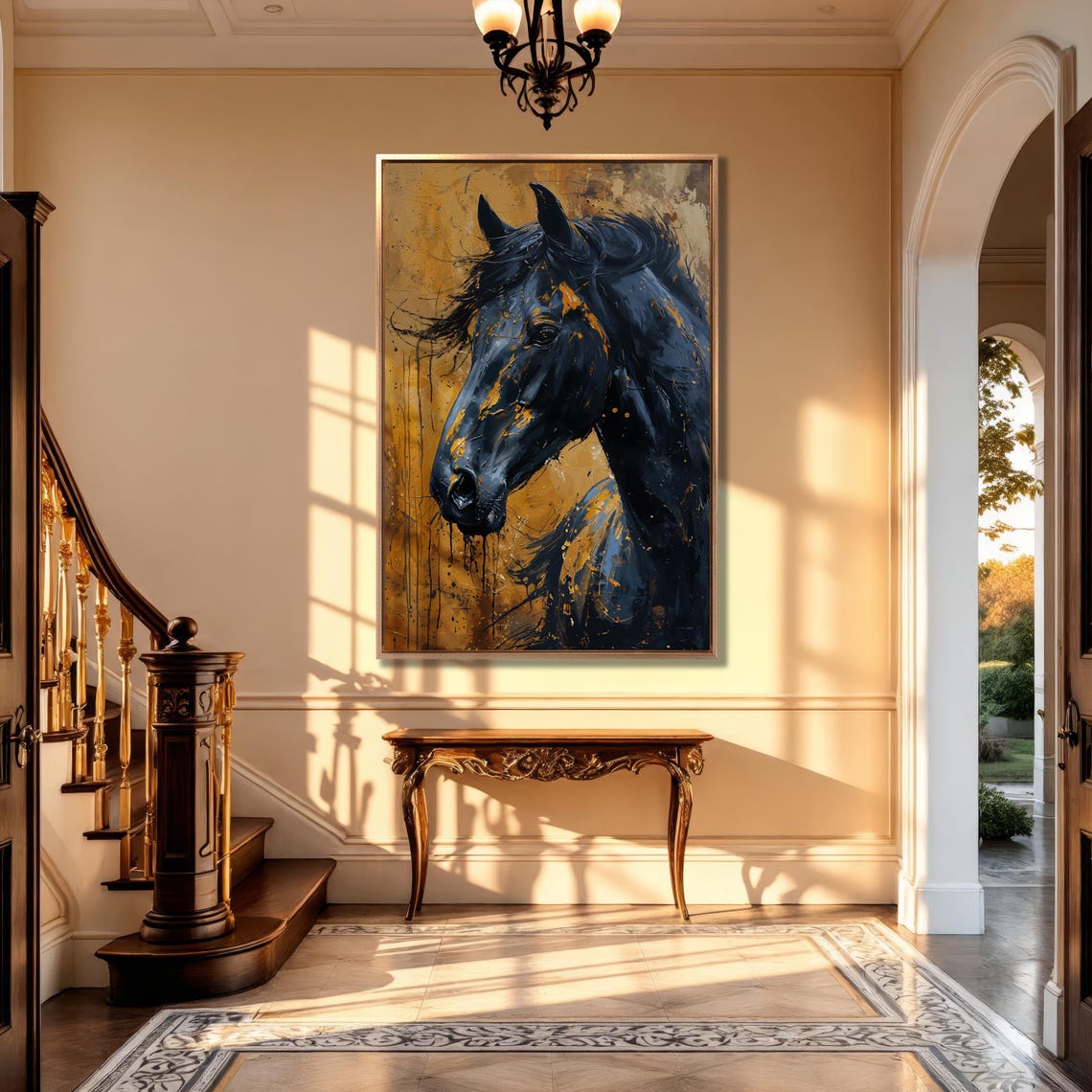 Black Horse Head On Golden Splatter Background Expressive Art Poster - Image 5