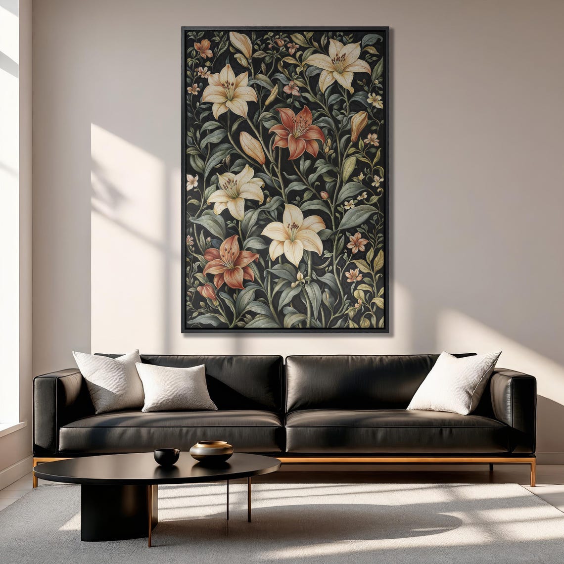 Cream White Lily Stems Climbing Dark Black Botanical Art Print - Image 6