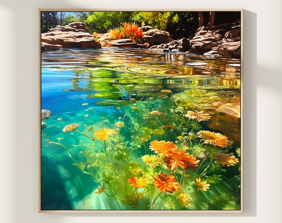 Lake View Watercolor Painting Art Print Underwater Wall Rocks By Water Poster
