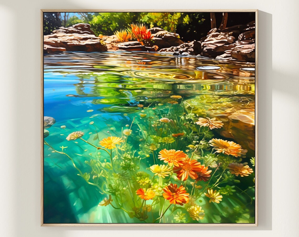 Underwater Flowers Turquoise Lake Wildflowers Painting Art Poster