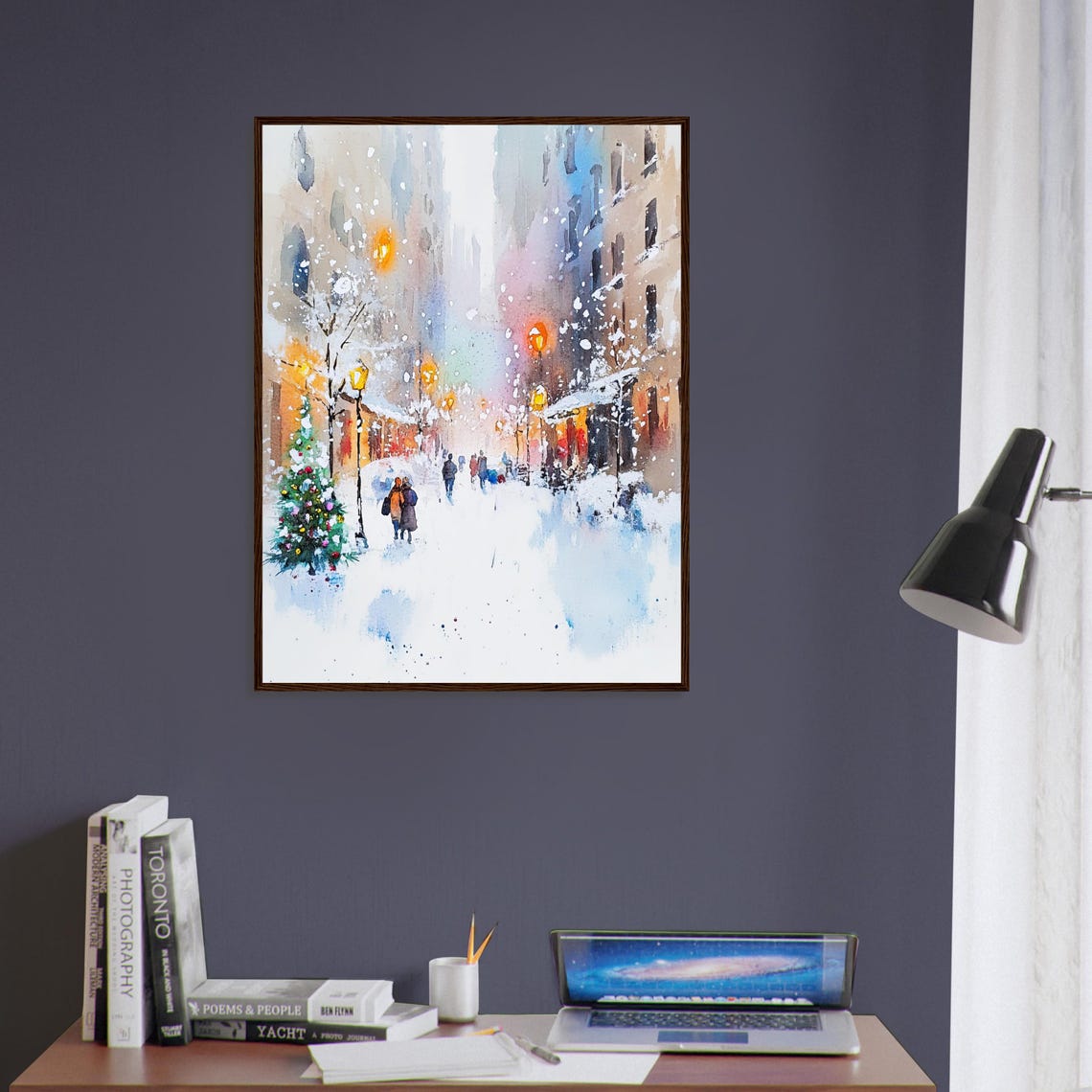 Charming Winter Street Snowy Christmas Tree City Watercolor Poster - Image 2