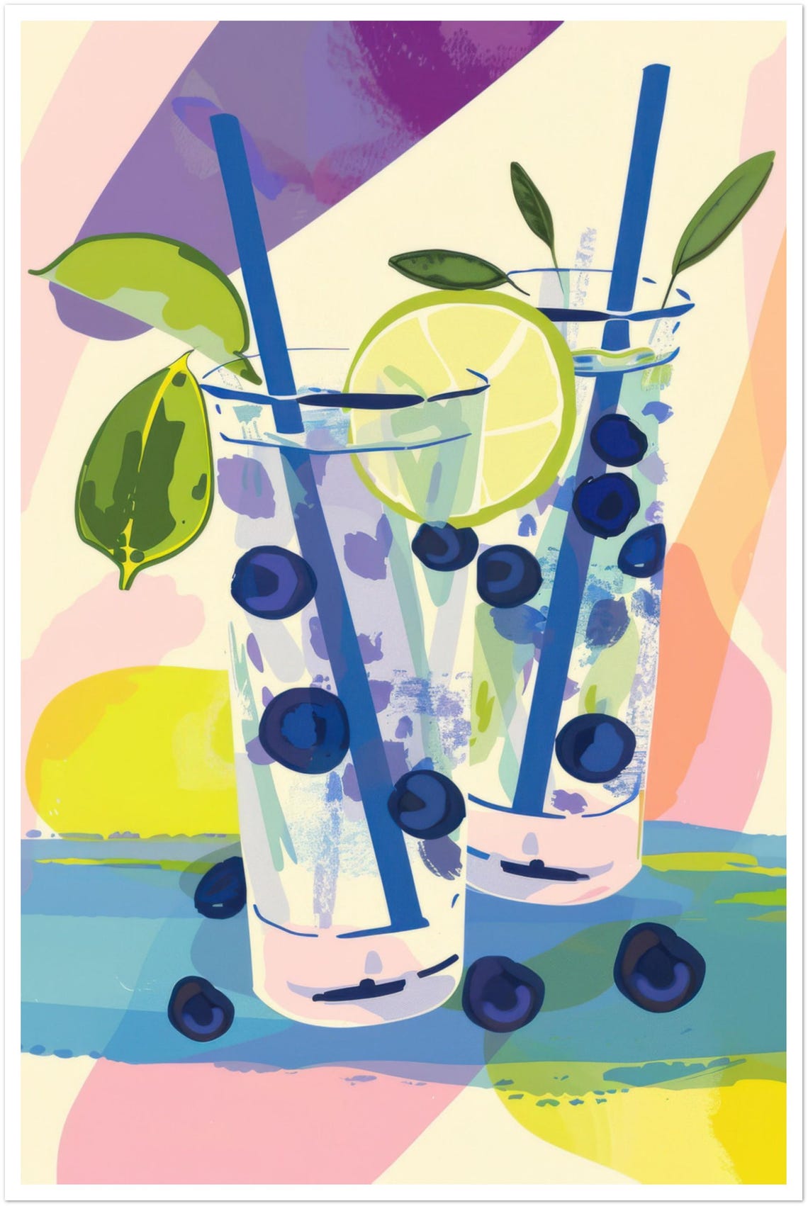 Blueberry Mojito Cocktail Lime and Straws Colorful Art Print - Image 3