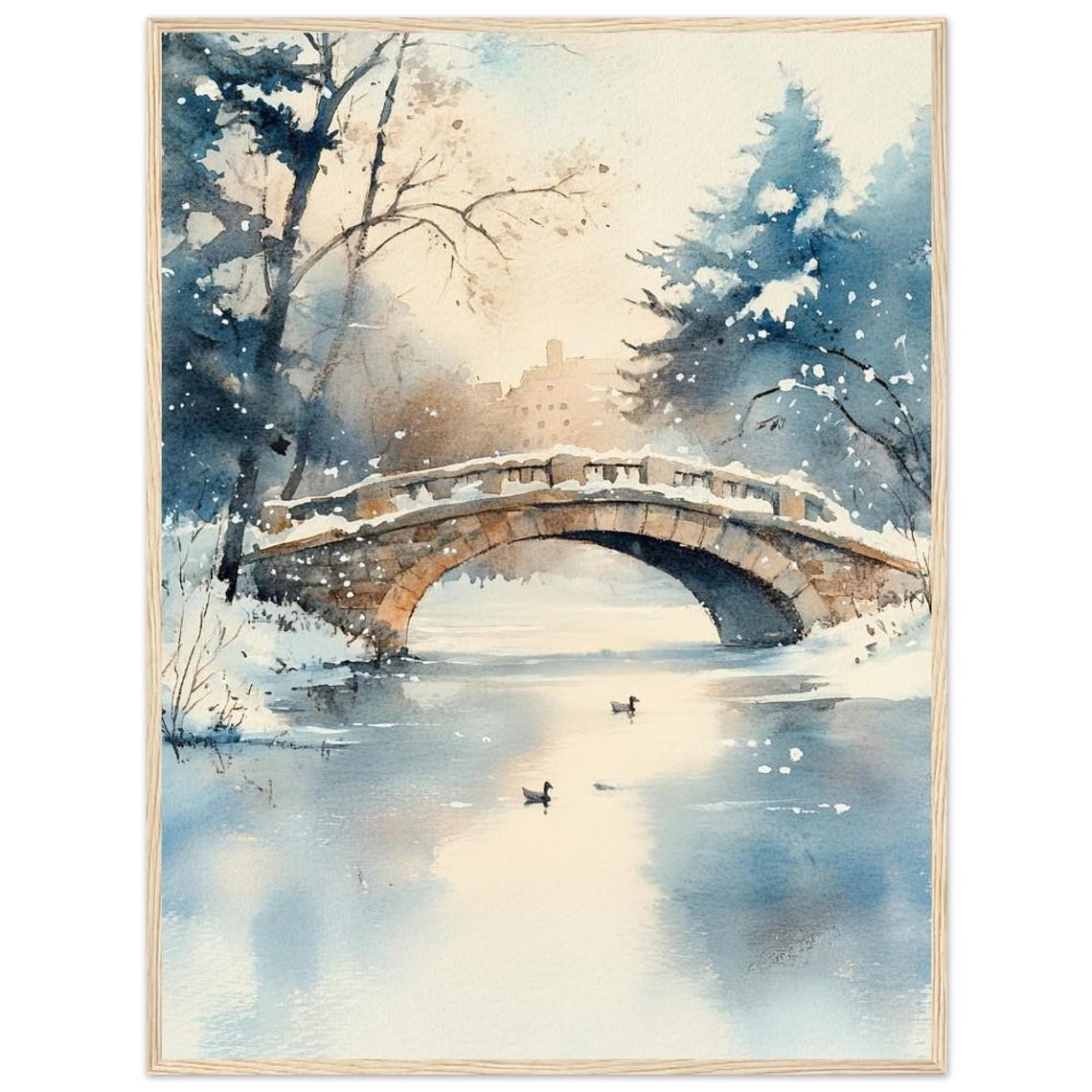 Central Park Winter Snow Covered Bridge Watercolor Art Poster
