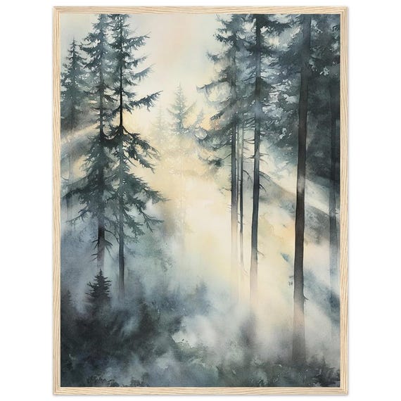 Foggy Pine Forest Watercolor Print Painting Misty Wall Art Morning Sunlit Poster Artwork Canvas By Nataliaayuart