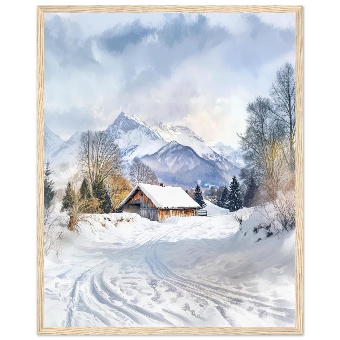 Alps Winter Cabin Watercolor Snowy Mountain Landscape Poster