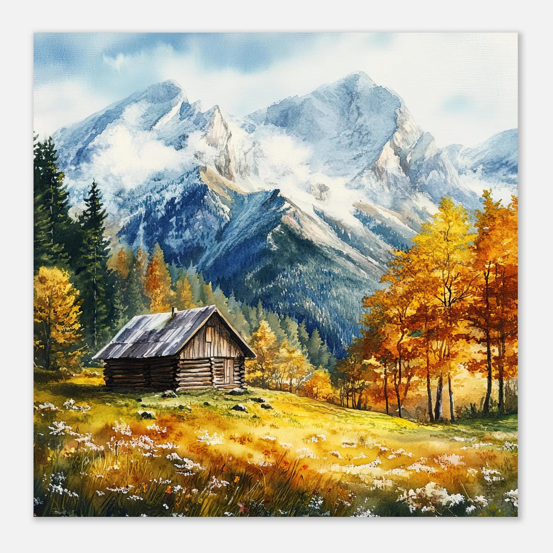Rustic Mountain Cabin Watercolor Autumn Alps Log Home Snow Peak Poster - Image 3