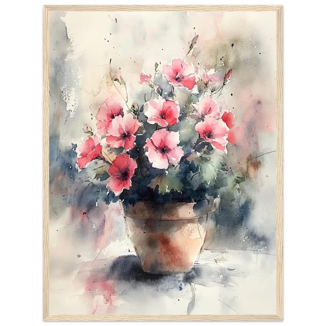 Pink Geranium Flowers Watercolor Terracotta Pot Floral Poster