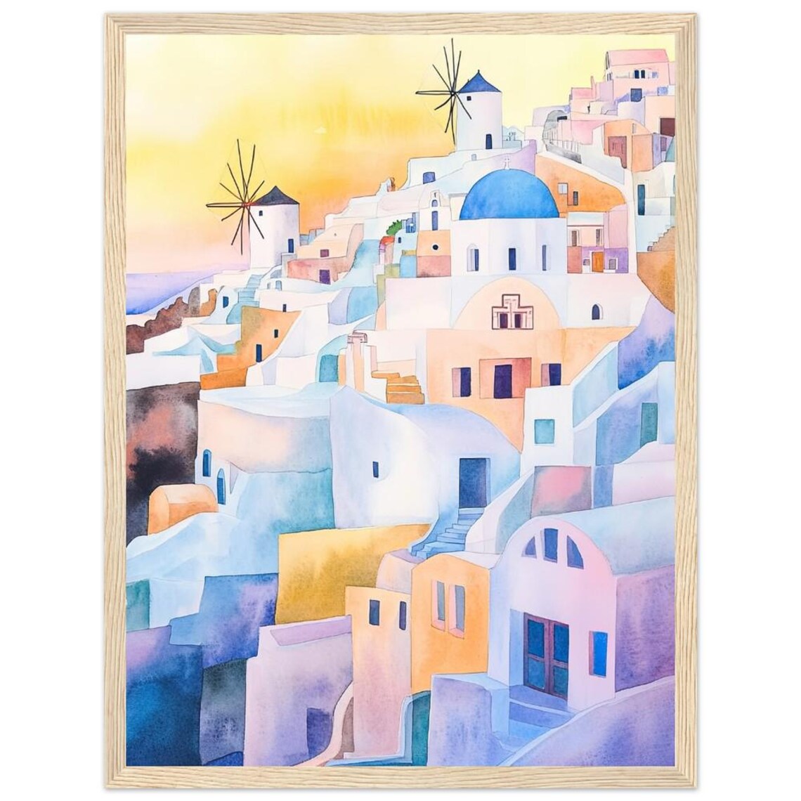 Santorini Greece Sunset Watercolor Greek Island Travel Poster